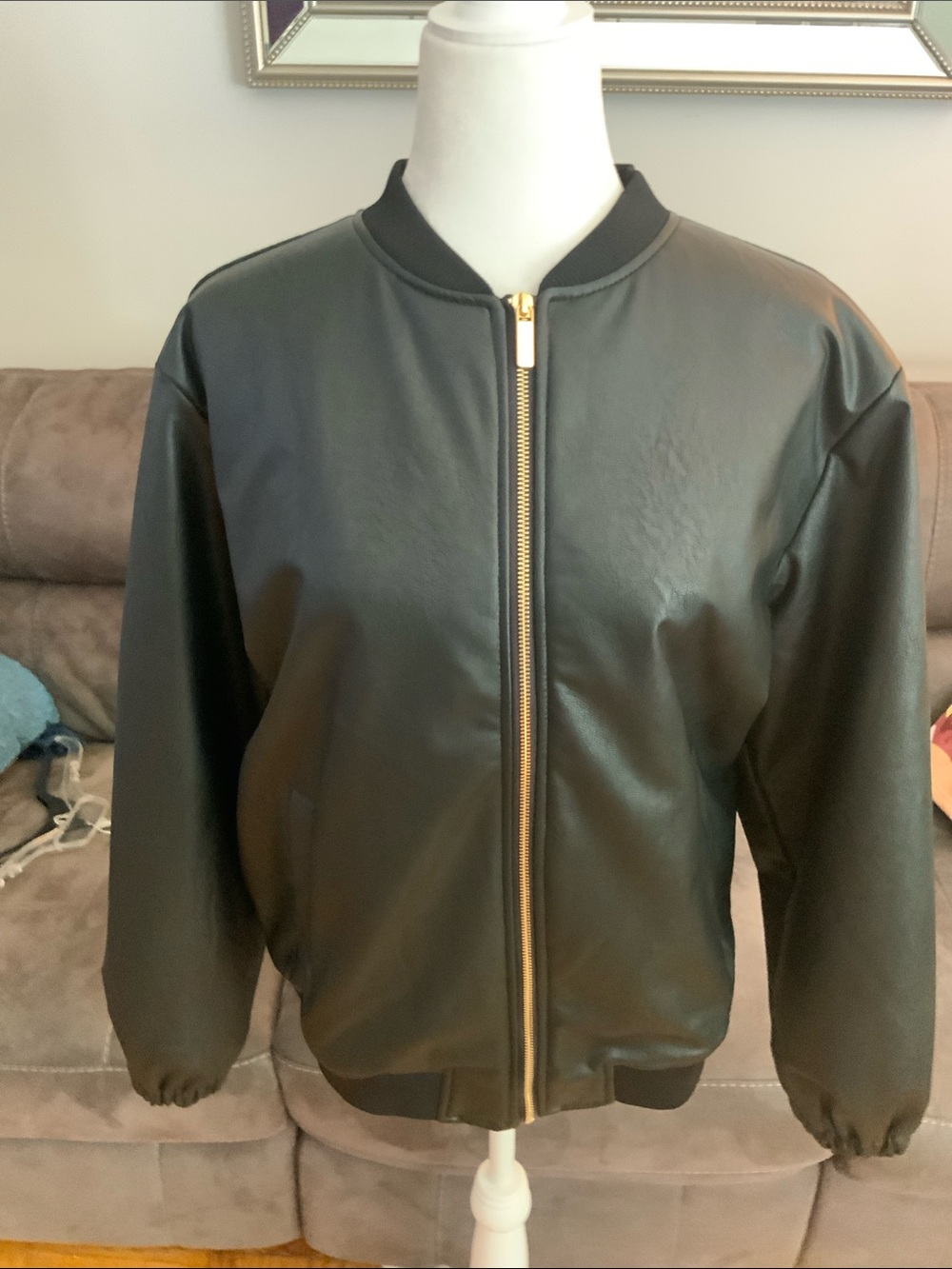 INC International Concepts Black Faux Leather Bomber with Gold Zipper